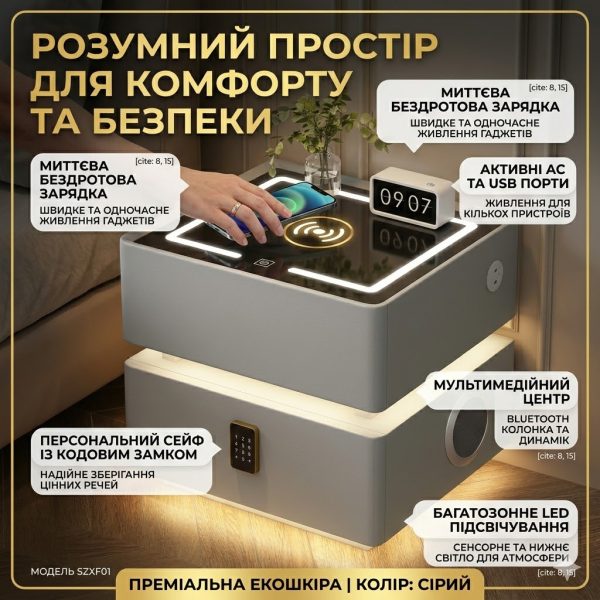 Смарт-тумба XF01 серая с кодовым замком, LED-подсветкой и USB-портами, мультимедийная станция