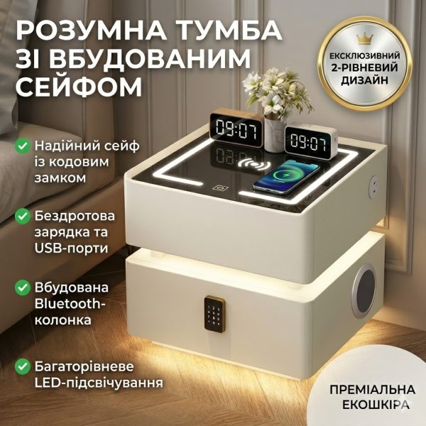 Умная прикроватная тумба XF01 со встроенным сейфом, беспроводной зарядкой и Bluetooth, белая экокожа / стекло