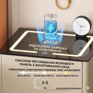 Умная прикроватная тумба XF01 со встроенным сейфом, беспроводной зарядкой и Bluetooth, белая экокожа / стекло — фото 2