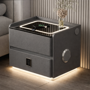 Смарт-тумба горющая YJXF01 Grey с сейфом, LED-подсветкой и USB портами (Серая экокожа / Закаленное стекло) — фото 2