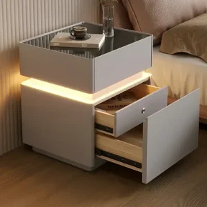 Смарт-Тумба из экокожи Серая XXF02 с LED подстветкой, сейфом, беспроводная зарядка, Bluetooth-аудио 40х40х51 — фото 2