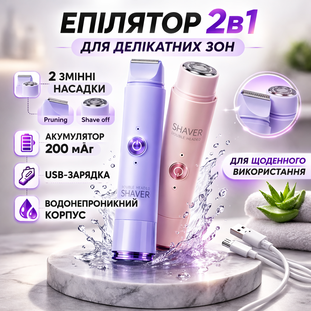7094918985_akkumulyatornyj-epilyator-mini-britva Аккумуляторный эпилятор-мини бритва SHAVER 2в1 101N Esonstyle с двумя насадками Pruning/Shave off, USB-зарядка, водонепроницаемы - Зображення 1