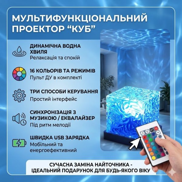УЦЕНКА! Ночник проектор КУБ с проекцией воды Настольная RGB лампа (Повреждение на корпусе 3474)