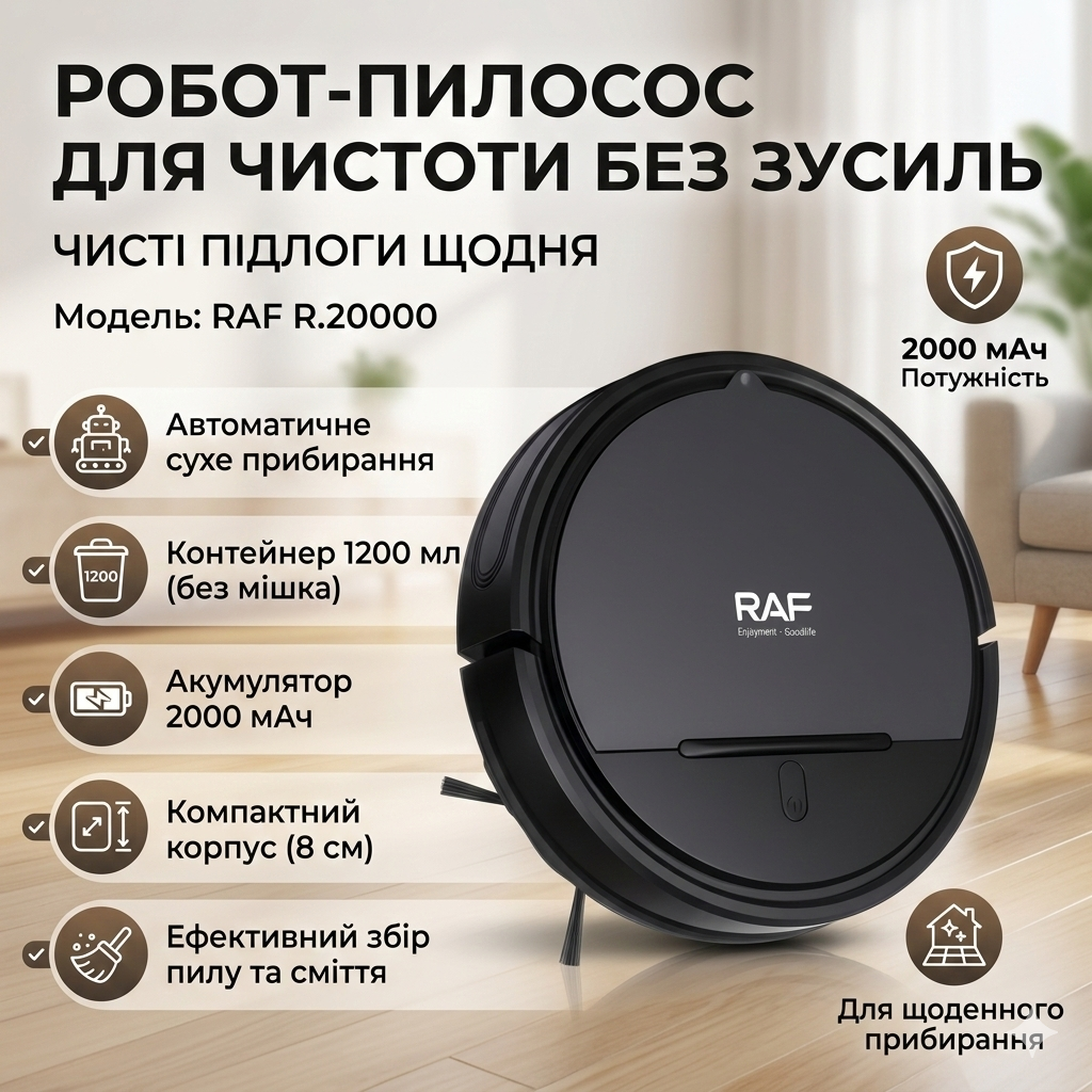 7119782665_robot-pylesos-dlya-suhoj Робот-пылесос для сухой уборки с контейнером 1200мл RAF R.20000 2000мАч - Зображення 1