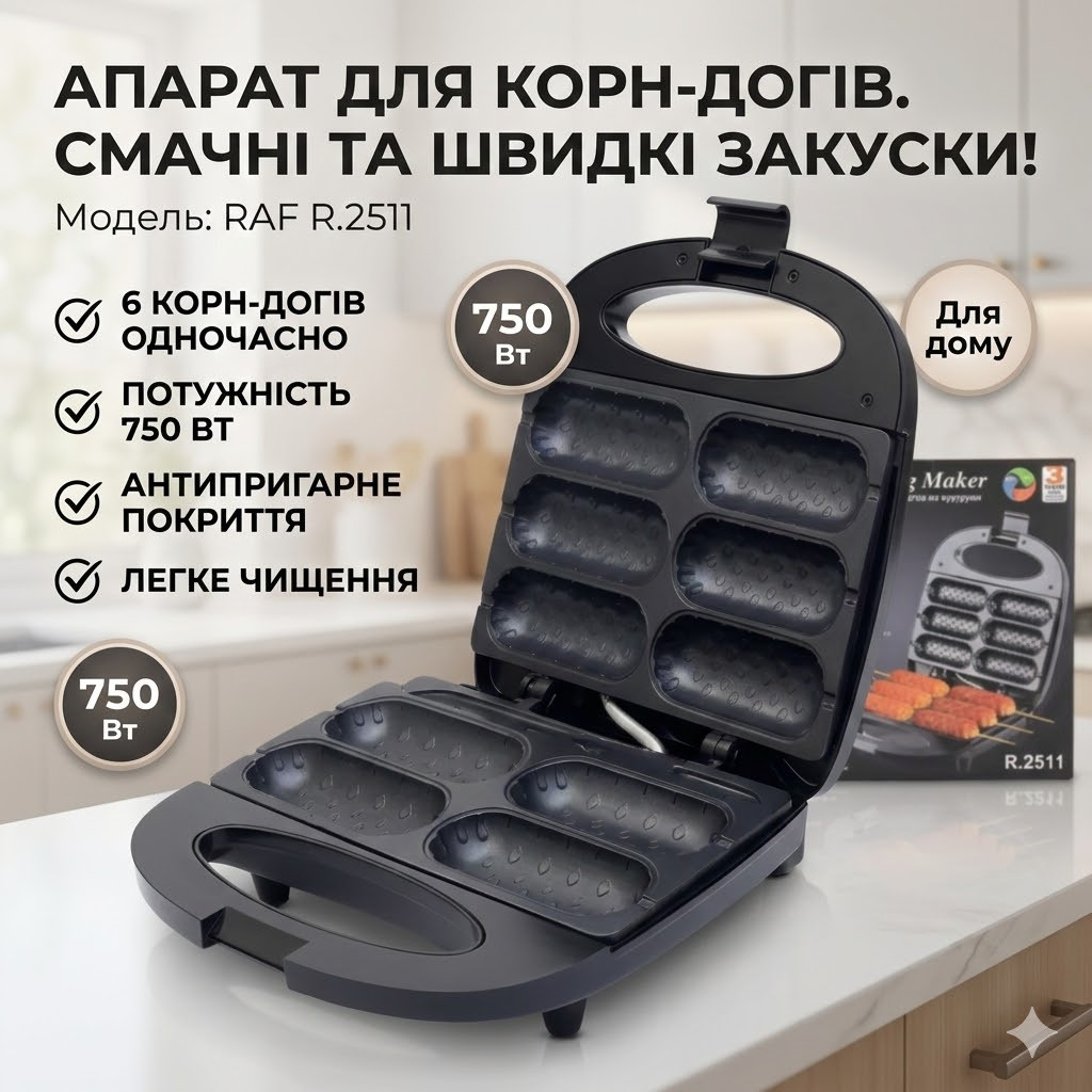 Электрический аппарат для приготовления корн-догов с антипригарным покрытием RAF R.2511 750W Электрический аппарат для приготовления корн-догов с антипригарным покрытием RAF R.2511 750W