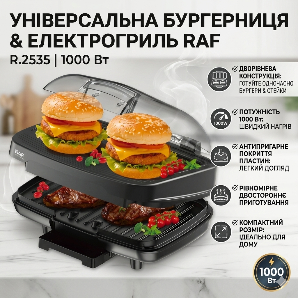 7124190933_elektricheskaya-burgernitsa-s Электрическая бургерница с двусторонним нагревом и антипригарными пластинами RAF R.2535 1000W - Зображення 1
