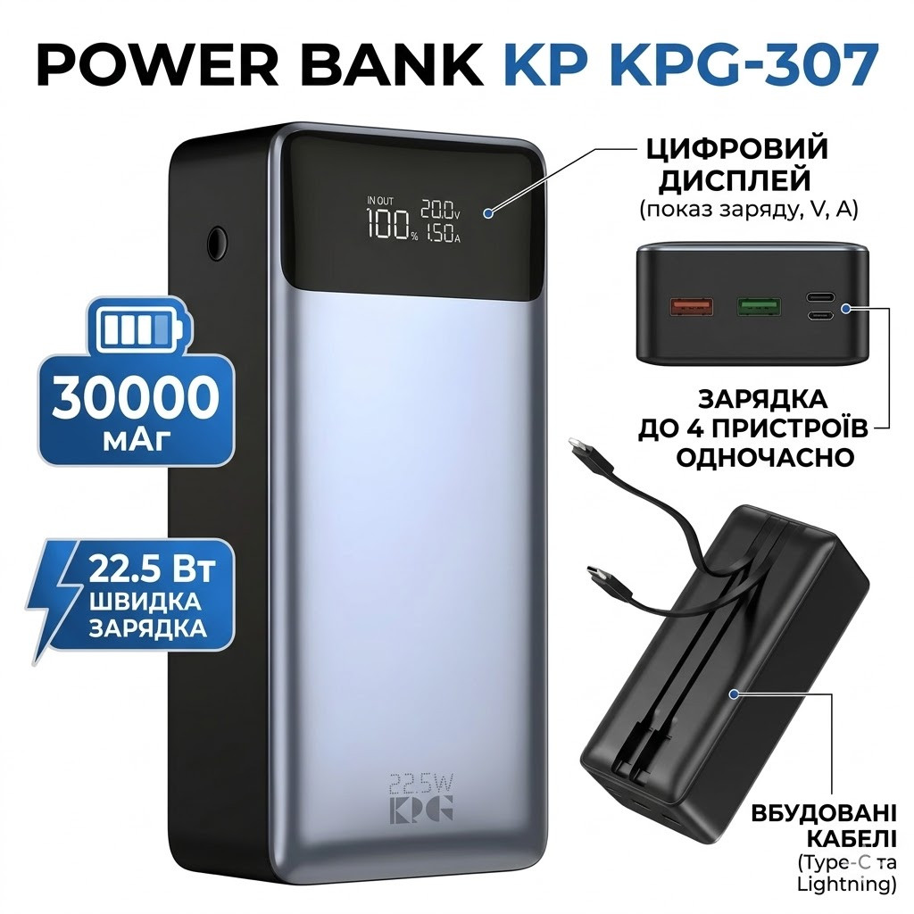 Повербанк 30000 mAh з вбудованими кабелями Type-C і Lightning KP KPG-307 22.5W Повербанк 30000 mAh з вбудованими кабелями Type-C і Lightning KP KPG-307 22.5W