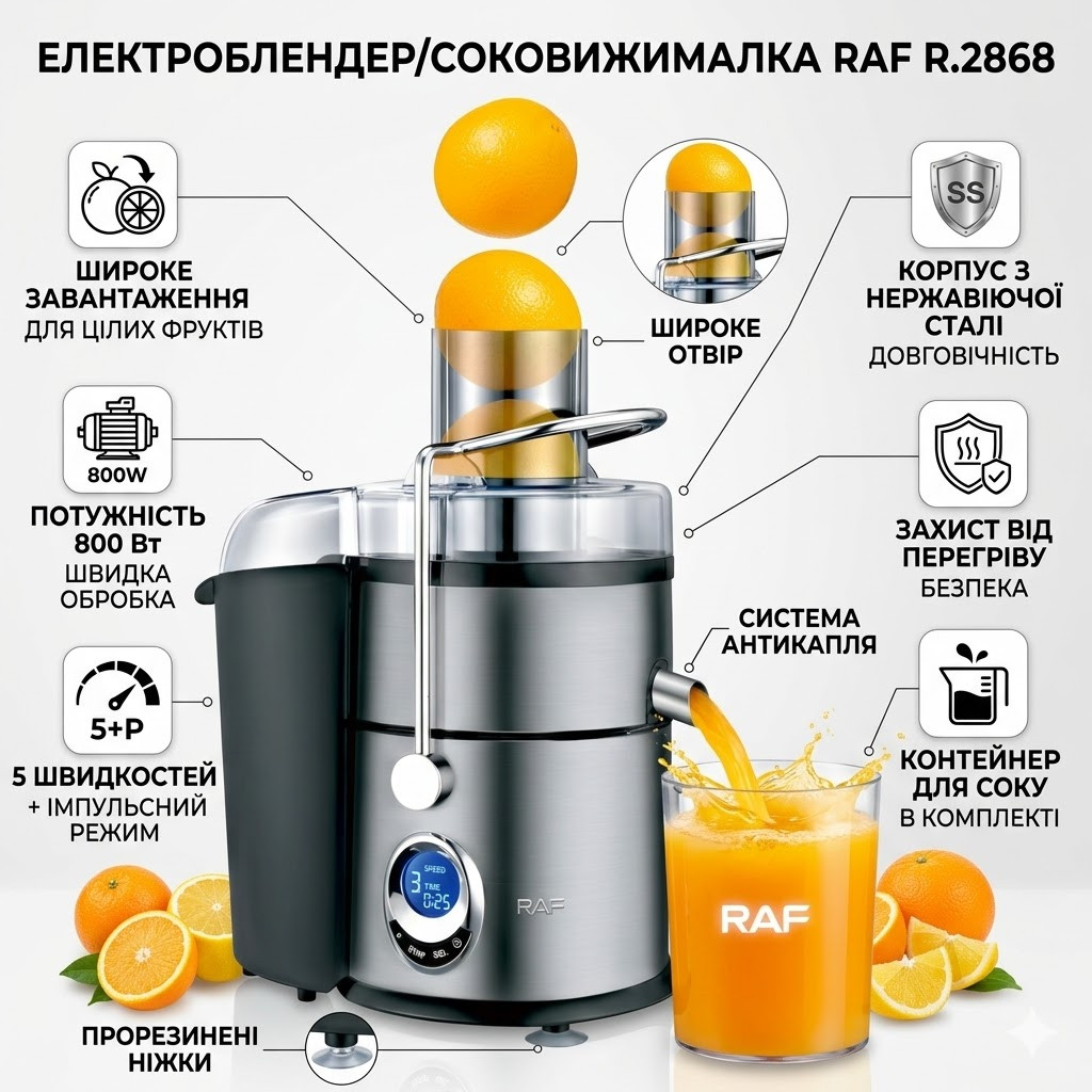 7143951534_blender-sokovyzhimalka-s-5 Блендер-соковыжималка с 5 скоростями и импульсным режимом RAF R.2868 800W - Зображення 1