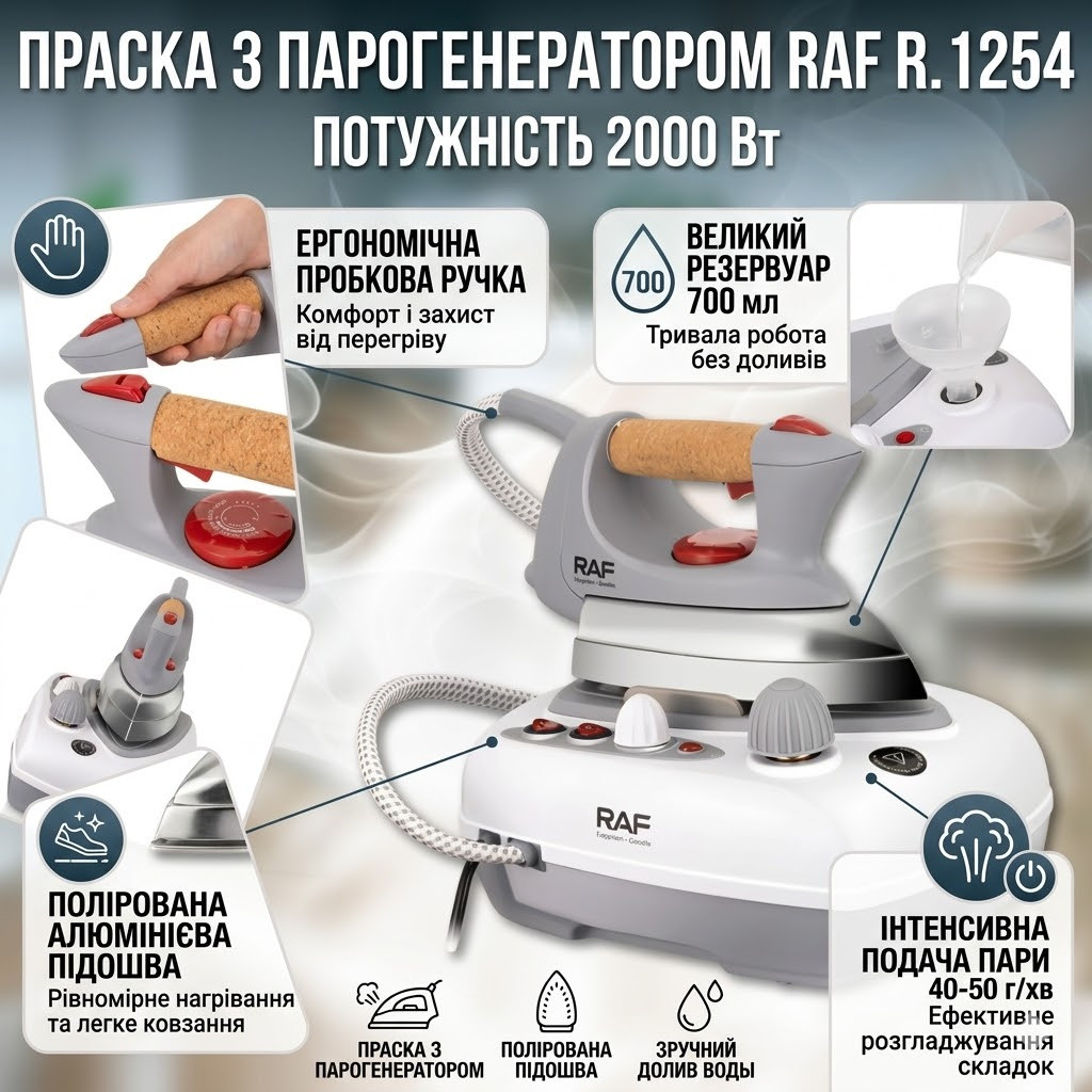 7147070514_utyug-s-parogeneratorom Утюг с парогенератором, алюминиевой подошвой и пробковой рукояткой RAF R.1254 2000W - Зображення 1
