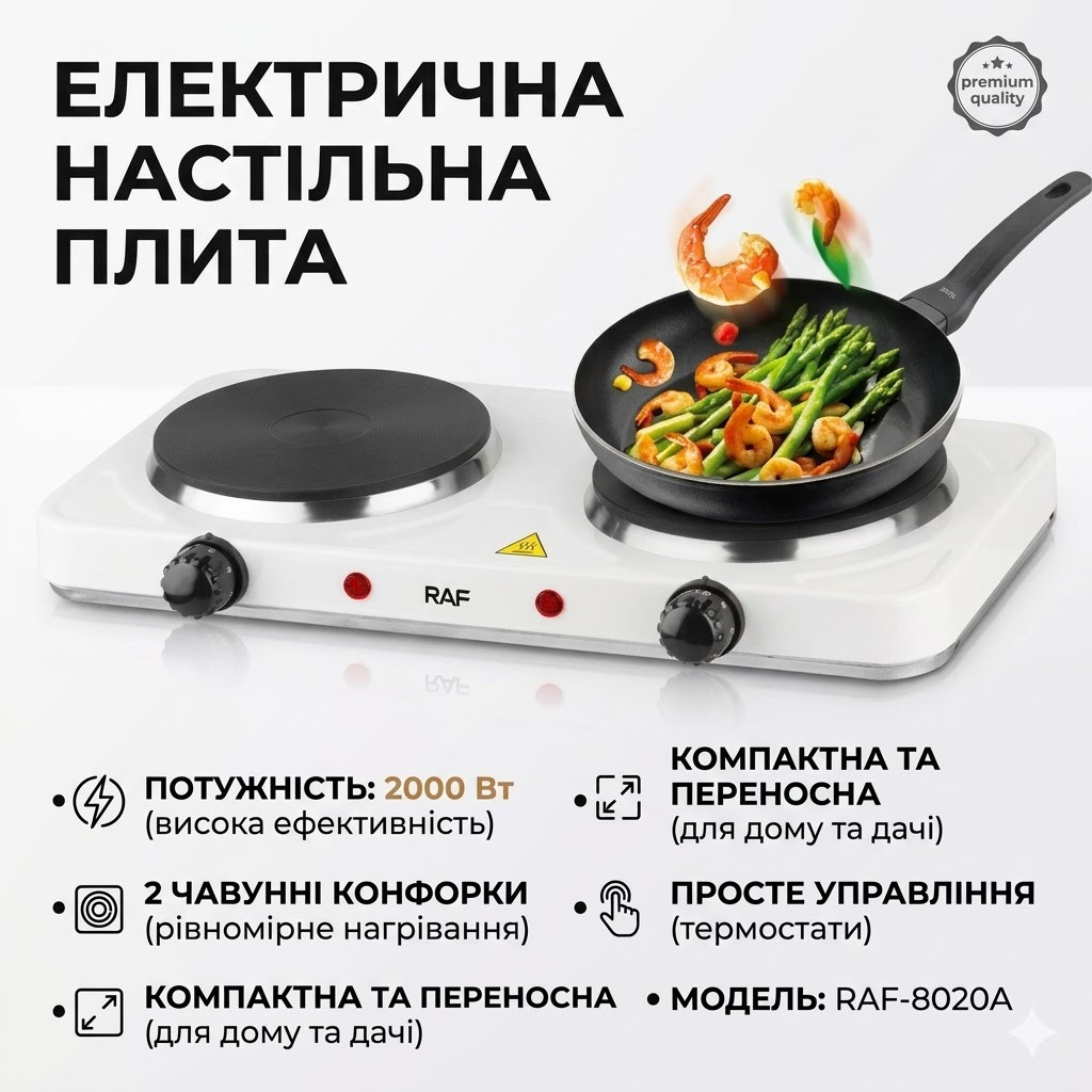 7148311481_plita-dvuhkonforochnaya-elektricheskaya Плита двухконфорочная электрическая кухонная RAF-8020A дисковая 2000 Вт - Зображення 1
