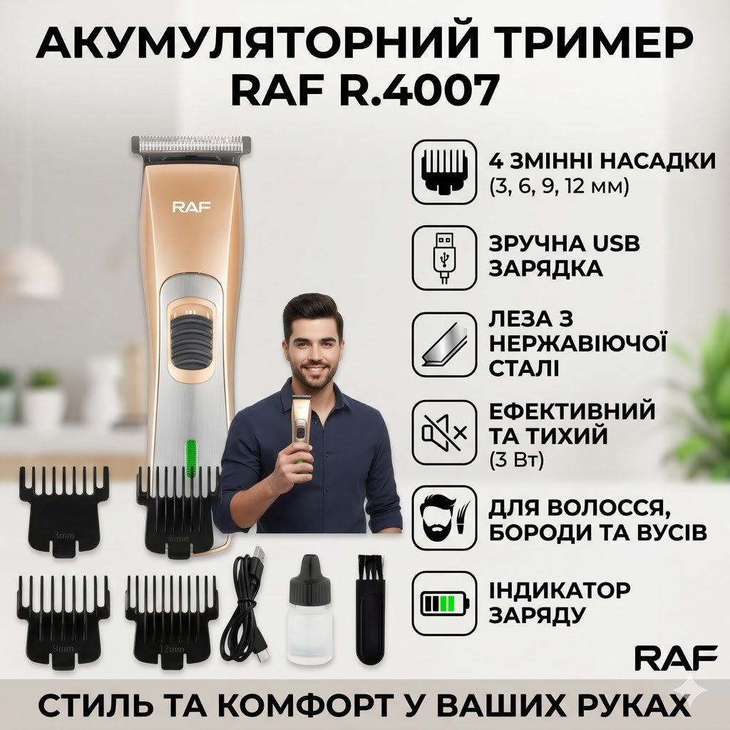 7152980919_akkumulyatornyj-trimmer-s Аккумуляторный триммер с регулировкой длины и насадками RAF R.4007 3W - Зображення 1