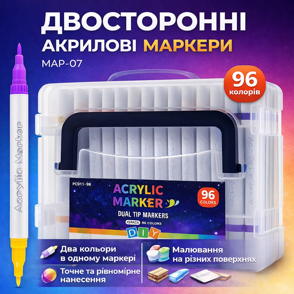 7204133990_dvuhstoronnie-akrilovye-markery Двухсторонние акриловые маркеры 96 цветов с пулевидным наконечником в кейсе 48 штук MAP-07 - Зображення 1