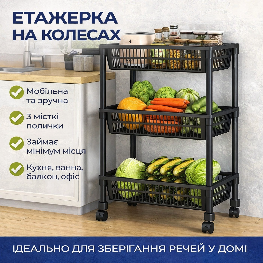 Этажерка универсальная 3-уровневая на колесах / Стеллаж з тремя ярусами для кухні і ванной Этажерка универсальная 3-уровневая на колесах / Стеллаж з тремя ярусами для кухні і ванной