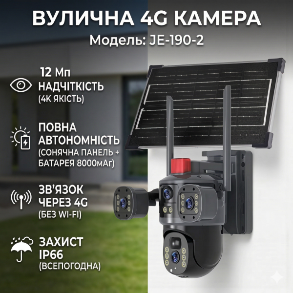 Камера видеонаблюдения с солнечной панелью 4G | 12 Мп | IP66 JE-190-2 Черный