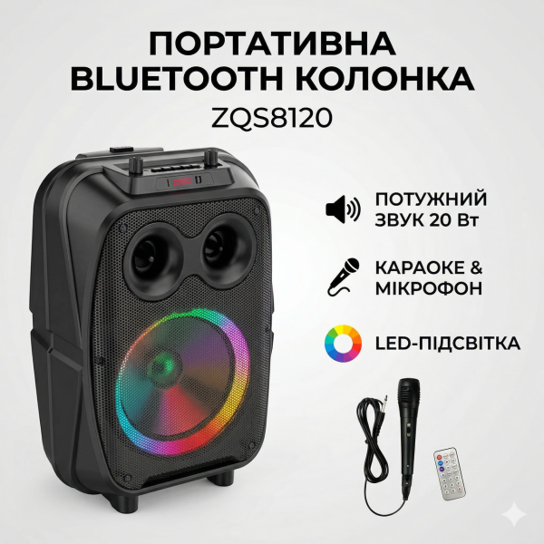 Портативна Bluetooth колонка ZQS8120 з LED-підсвіткою та FM-приймачем (20 Вт)