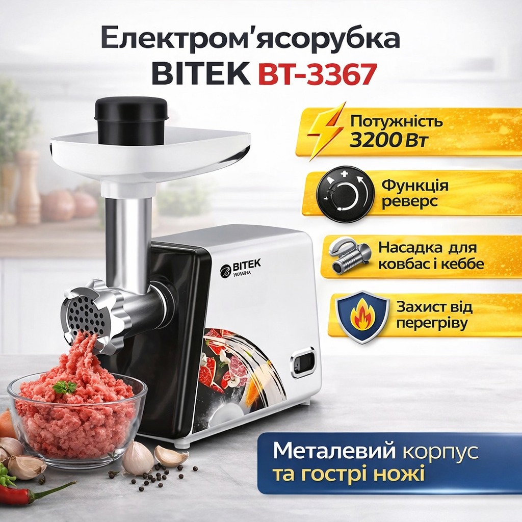7249044839_elektricheskaya-myasorubka-v Электрическая мясорубка в металлическом корпусе на 3200 Вт BITEK BT-3367 Мясорубка для колбас и кеббе - Зображення 1