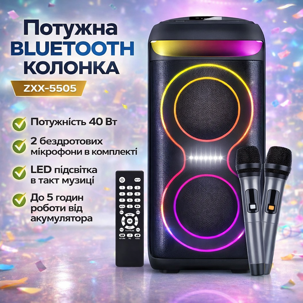 7254552141_portativnaya-bluetooth-kolonka Портативная Bluetooth колонка 2х6.5" с 2 беспроводными микрофонами и LED подсветкой ZXX-5505 40W - Зображення 1