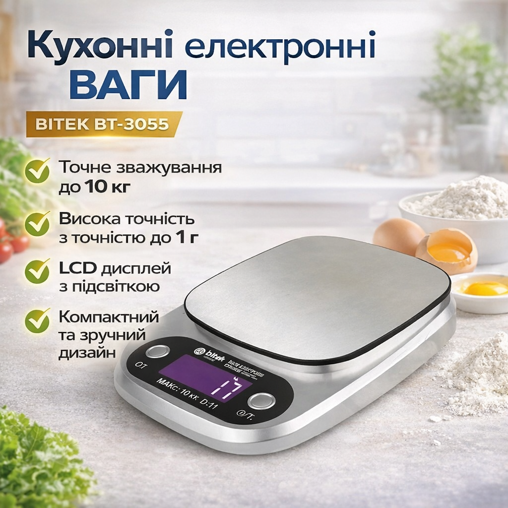 7254581173_kuhonnye-vesy-dlya Кухонные весы для продуктов электронные BITEK BT-3055 до 10 кг з LCD дисплеем точные бытовые весы для кухни Серый - Зображення 1