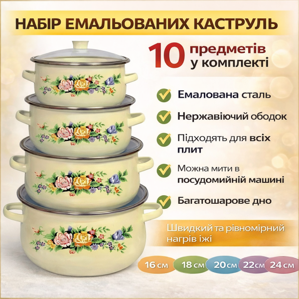 УЦЕНКА! Набор эмалированных кастрюль Higher Kitchen ZP-321 10 шт. (Стерлась эмаль на кастрюле 3498 )