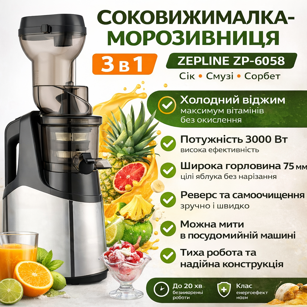 7259932757_sokovyzhimalka-morozhenitsa-3-v Соковыжималка-мороженица 3 в 1 Zepline ZP-6058, 3000 Вт – холодный отжим, смузи, сорбет - Зображення 1