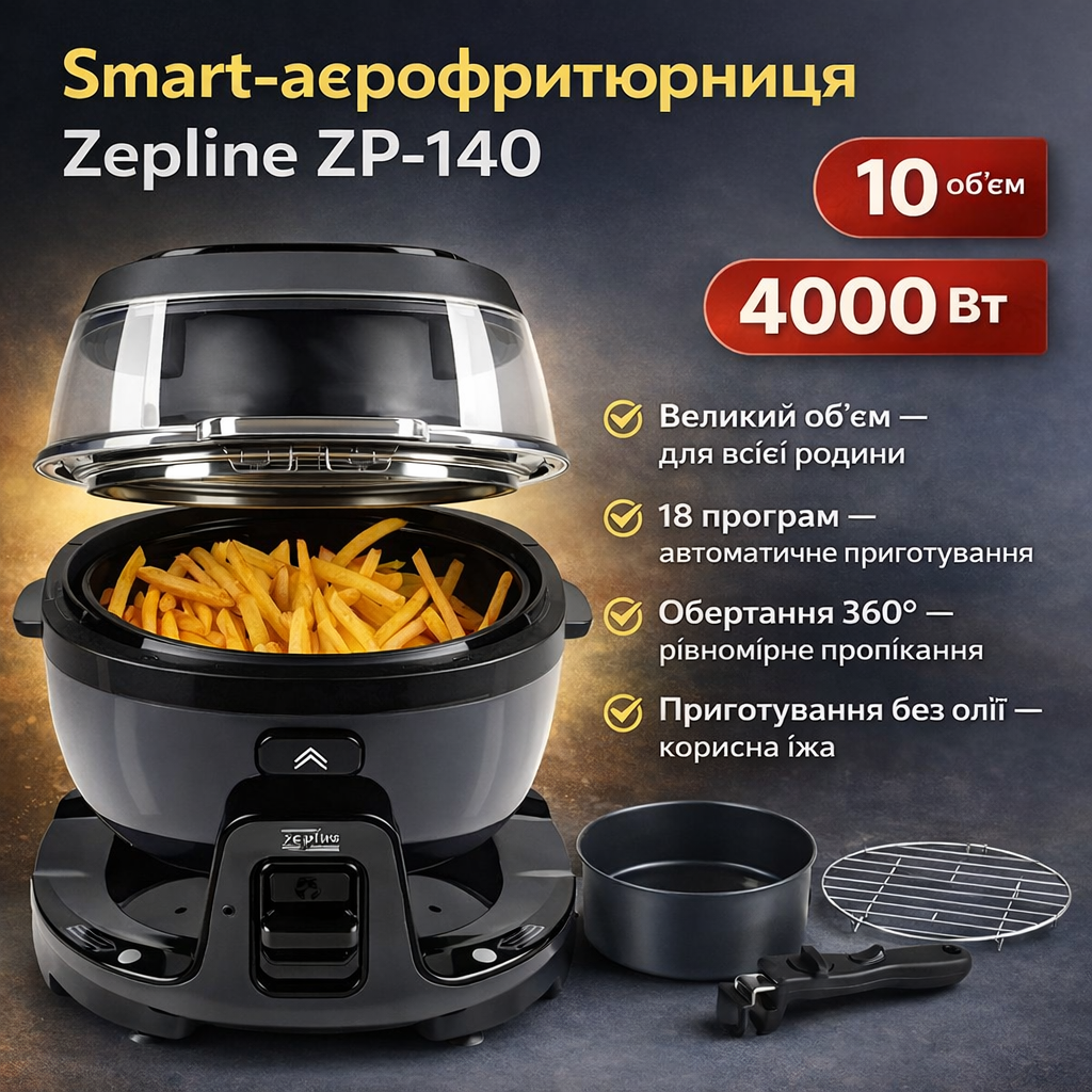 7260233166_smart-aerogril-zepline-zp-140 Smart-аэрогриль Zepline ZP-140, аэрофритюр 10 л, 4000 Вт, 18 программ, сенсорное управление, черный Серый - Зображення 1