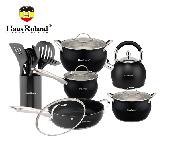 Набор посуды Haus Roland HR126-1, 18 предметов из нержавеющей стали: кастрюли 3,6/6,0 л, ковш 1,9 л, сковорода 2,9 л, чайник 3,0 (
