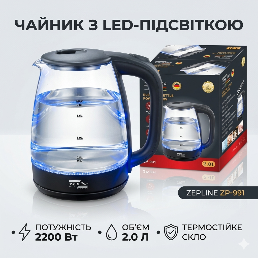 7262646222_steklyannyj-elektrochajnik-s Стеклянный электрочайник с LED подсветкой Zepline ZP-991 (2.0 л, 2200 Вт) - Прозрачный чайник с автоотключением - Зображення 1