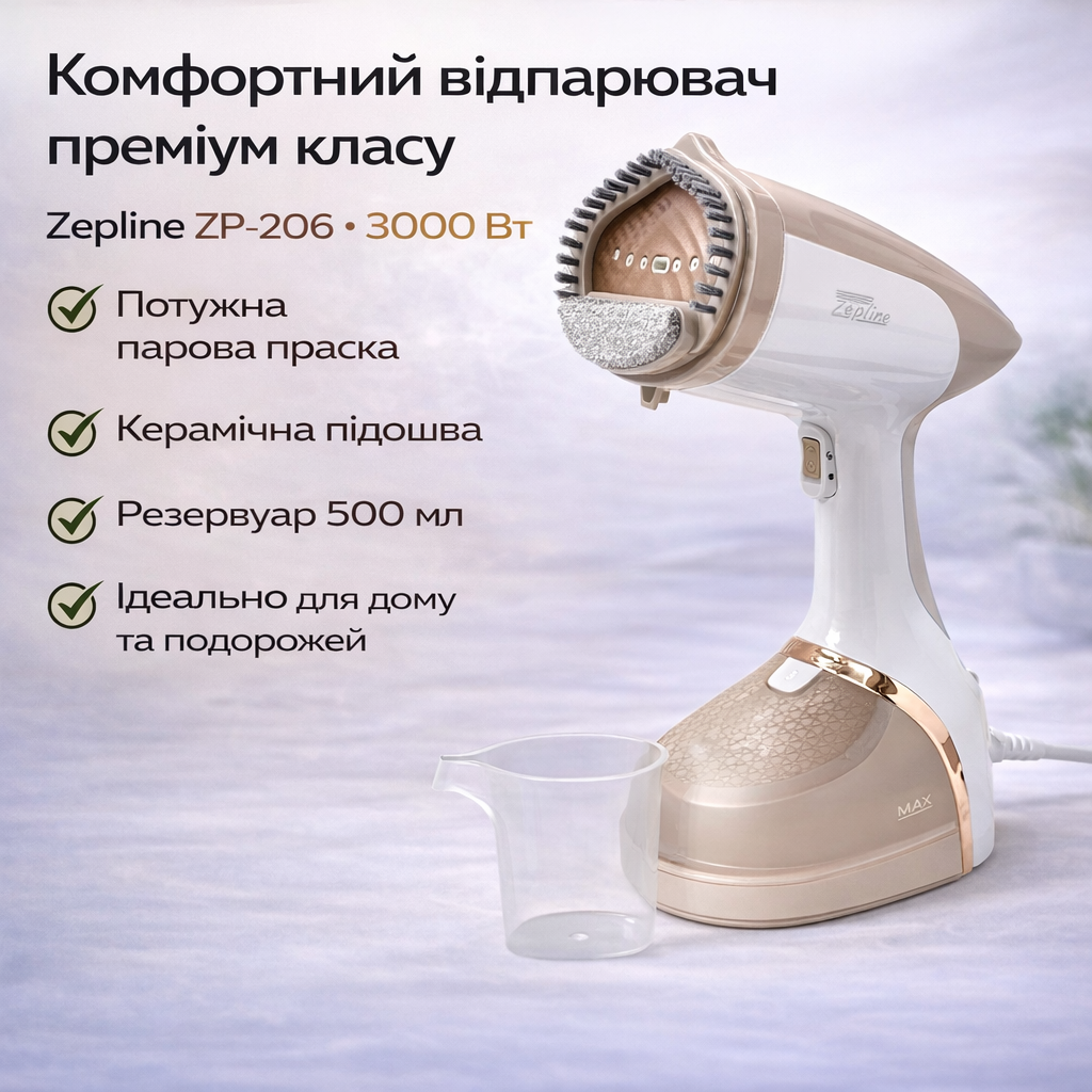 7263521775_otparivatel-zepline-zp-206 Отпариватель Zepline ZP-206 Бежевый- портативный утюг-отпариватель для одежды - Зображення 1