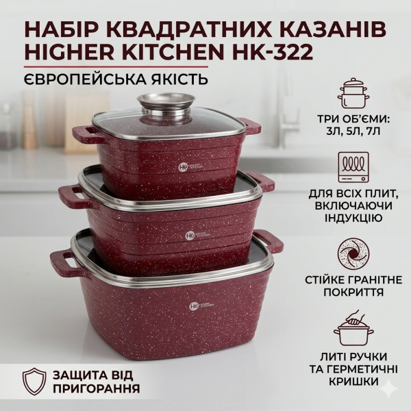 Набір кастрюль КРАСНІ з гранитним покриттям Higher Kitchen HK 322 на 6 предметів