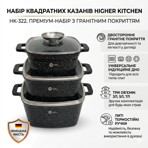 Набор квадратных кастрюль ЧЕРНЫЕ  с гранитным покрытием Higher Kitchen HK 322 на 6 предметов с крышками