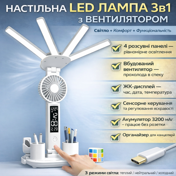 Настольная LED лампа с вентилятором, ЖК-дисплеем и 4 световыми панелями KRX-1011