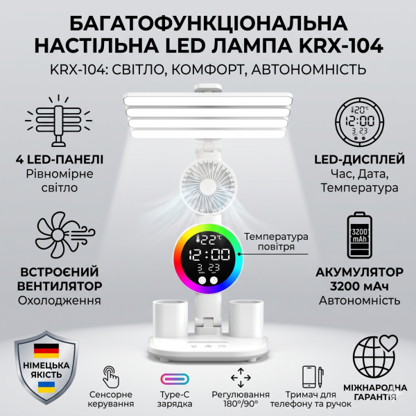 Настольная LED лампа с 4 панелями, вентилятором и дисплеем KRX-104