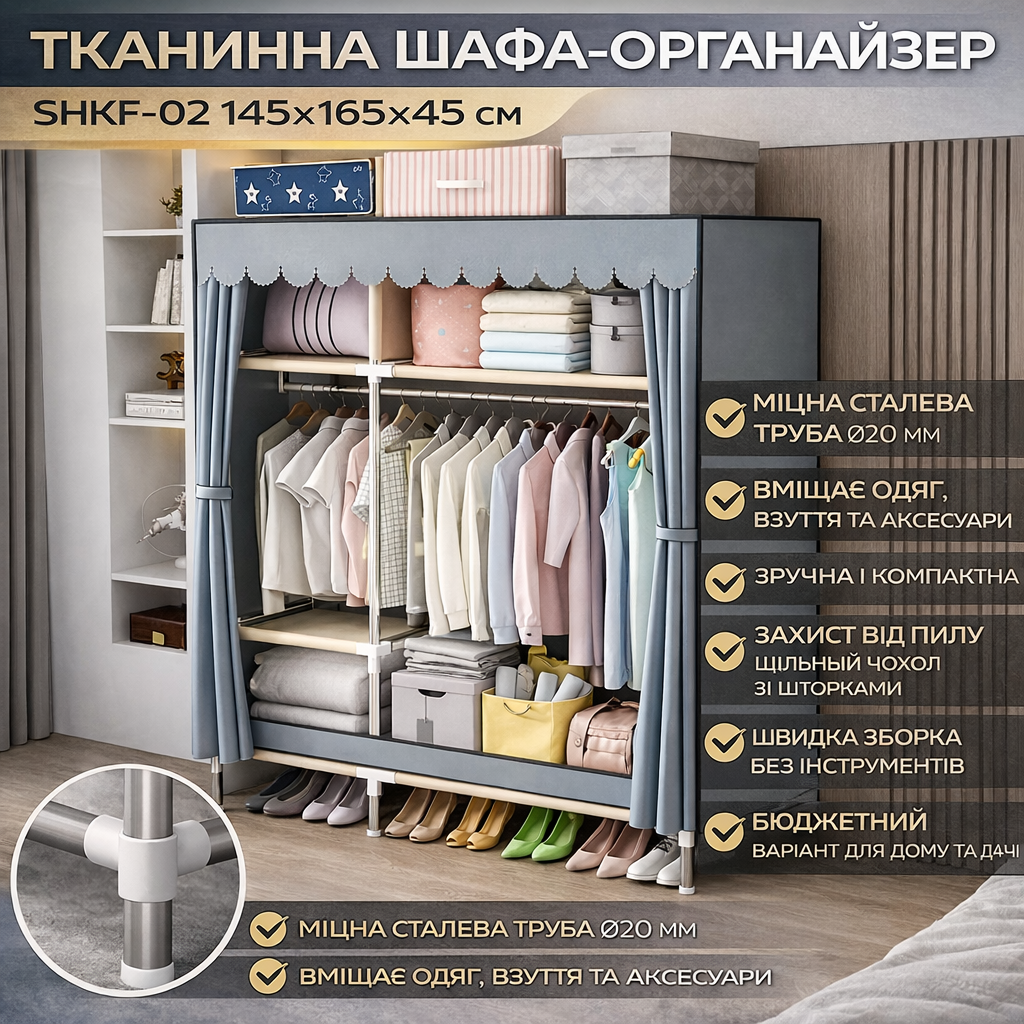 Тканевий шкаф для зберігання речей зі сталевим каркасом 145х45х165см Тканевий шкаф для зберігання речей зі сталевим каркасом 145х45х165см