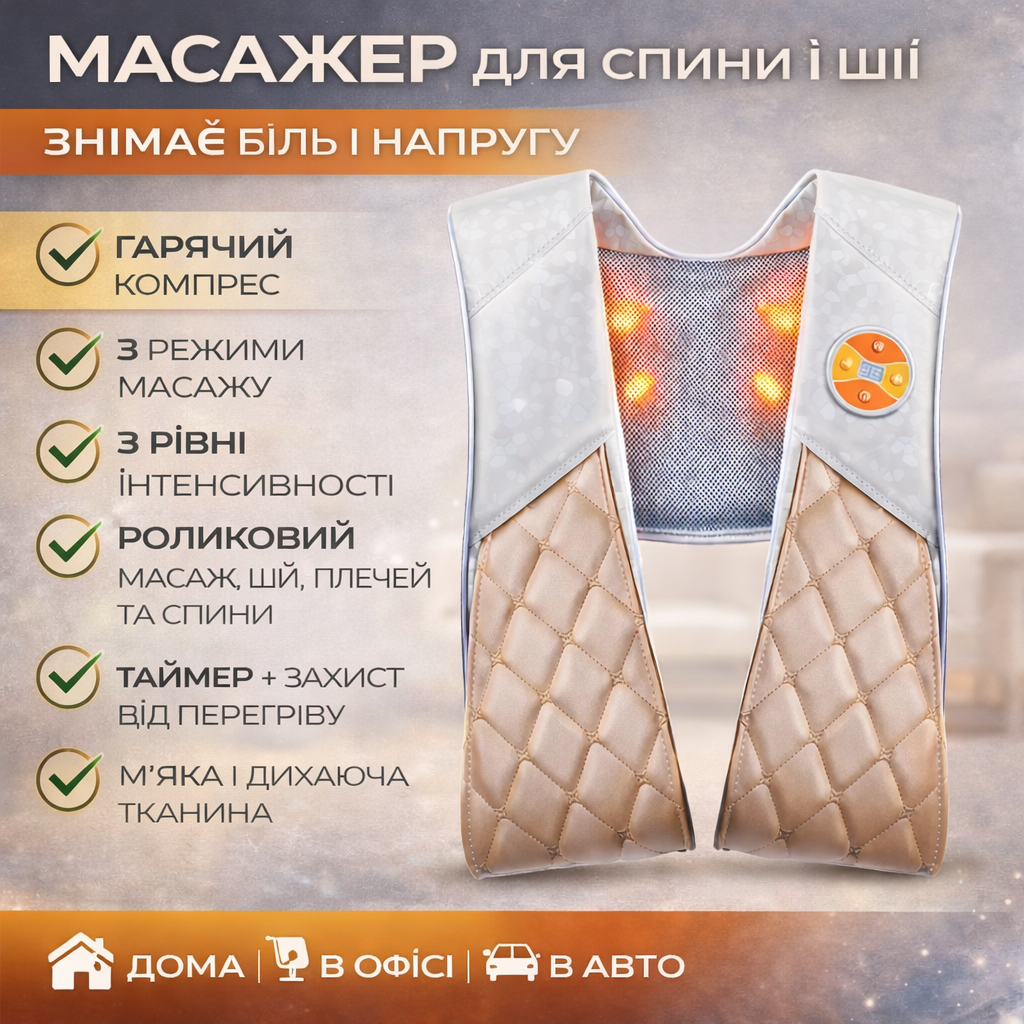 7286874959_massazher-dlya-shei Массажер для шеи, плеч и спины электрический с подогревом / Вибромассажер, массажная подушка-накидка - Зображення 1