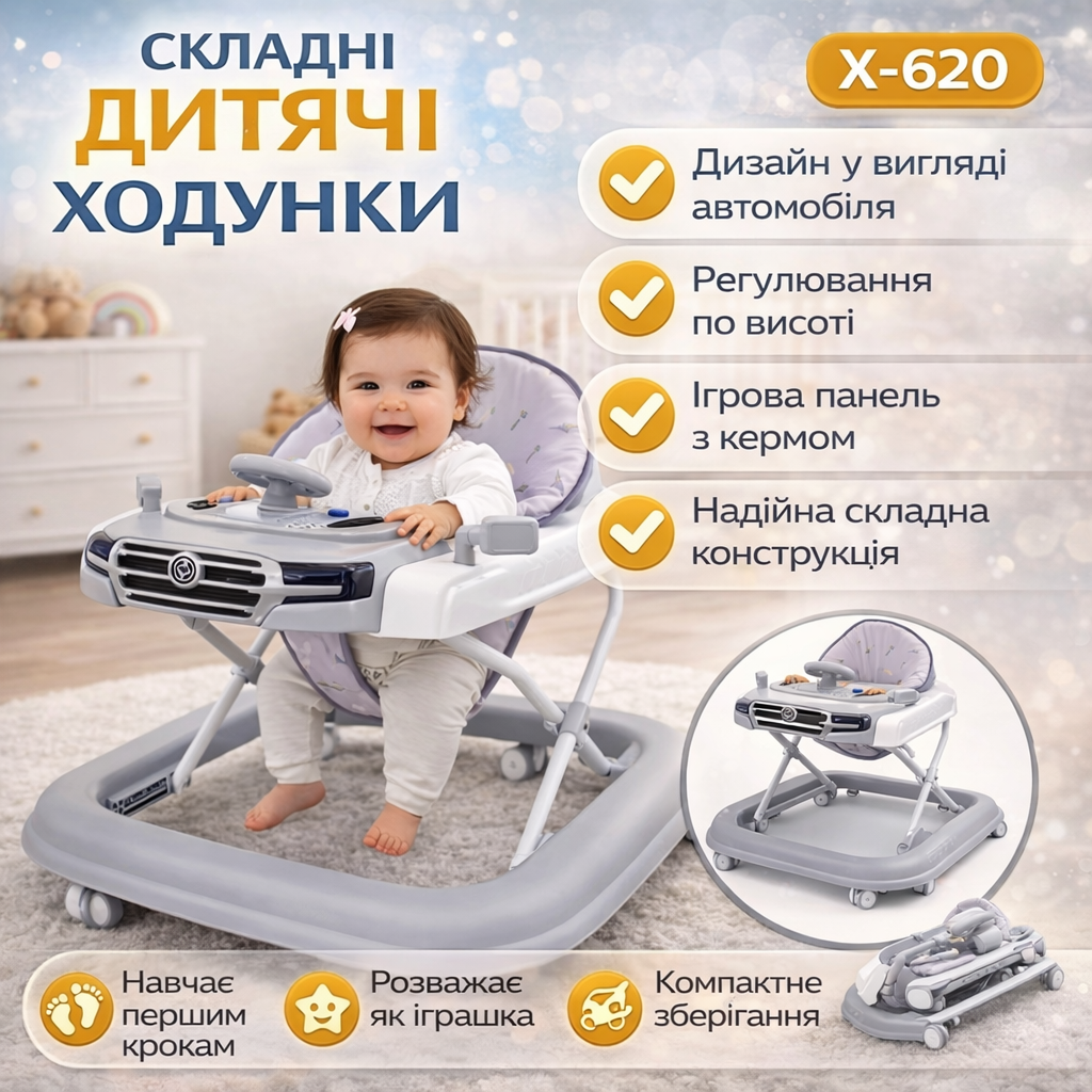 7291593168_detskie-hodunki-na Детские ходунки на колесах с имитацией автомобиля / Складные ходунки для детей X-620 Серые - Зображення 1