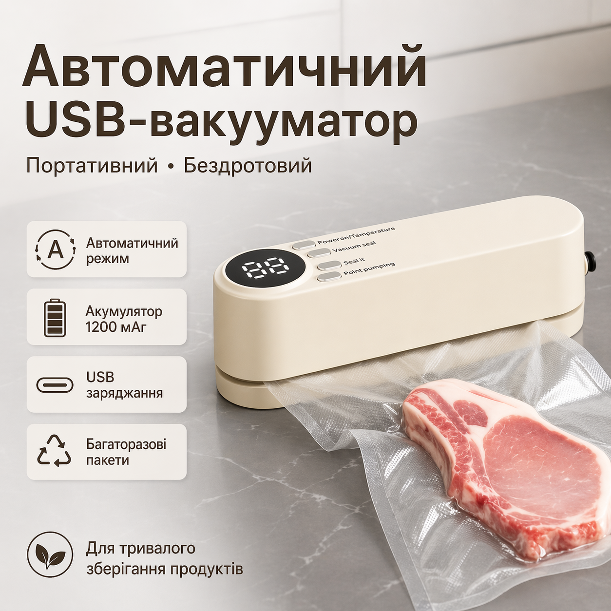 7311061576_avtomaticheskij-vakuumator-usb Автоматический вакууматор USB с герметичными пакетами (бежевый, 1200 мА*ч, портативный) - Зображення 1