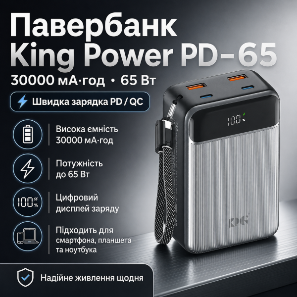 Павербанк King Power PD-65 30000 мАч 65W с быстрой зарядкой для смартфона, планшета и ноутбука