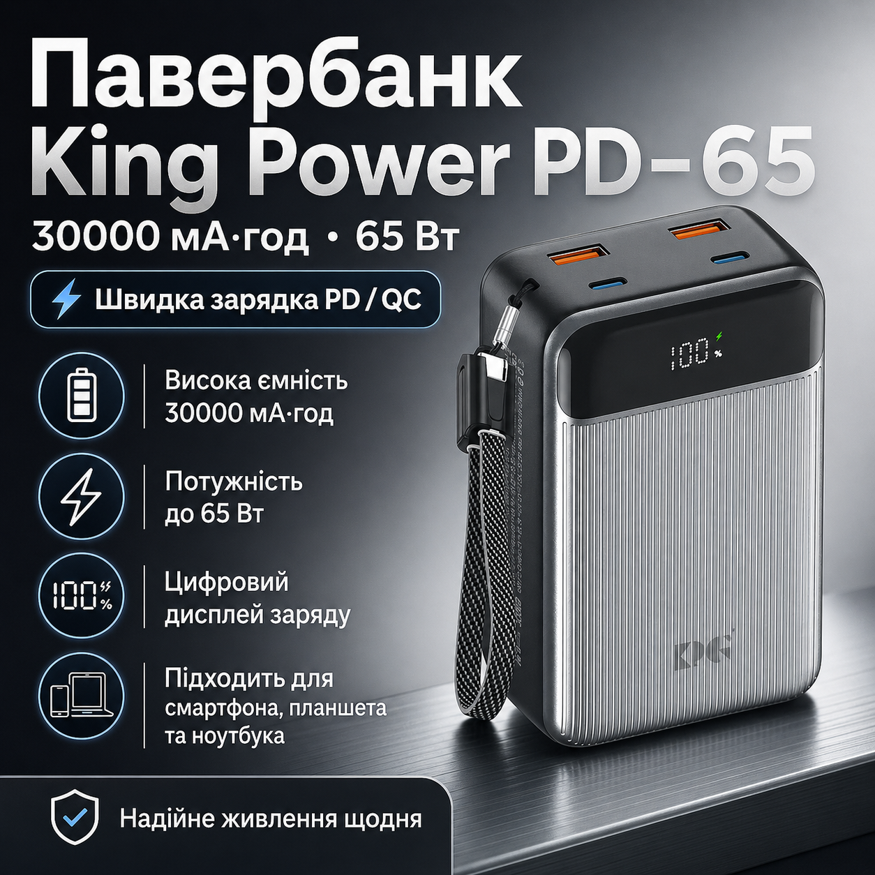 7325191001_paverbank-king-power Павербанк King Power PD-65 30000 мАч 65W с быстрой зарядкой для смартфона, планшета и ноутбука - Зображення 1