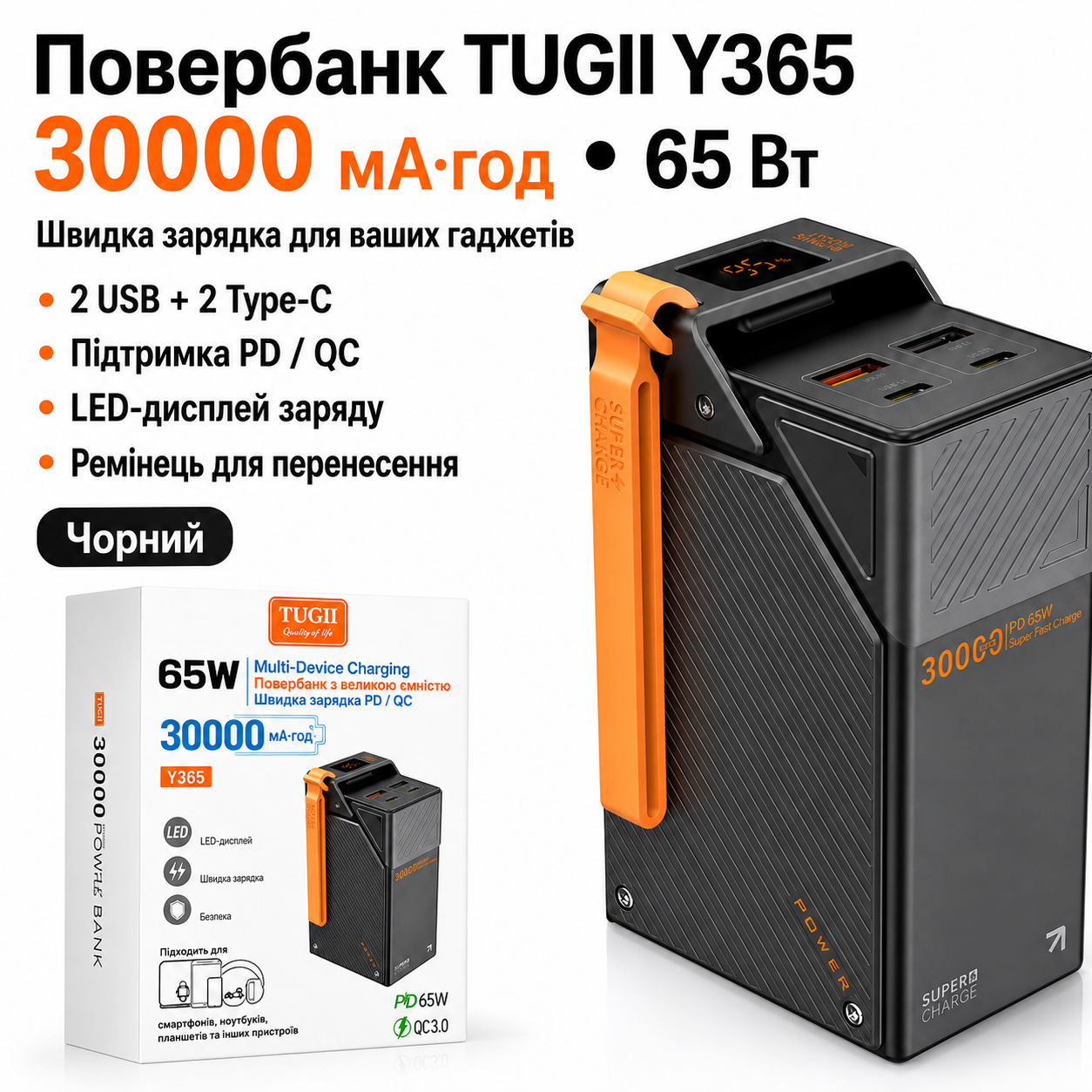 7325674942_poverbank-tugii-y365 Повербанк TUGII Y365 30000 mAh 65W черный с 2 USB, 2 Type-C и ремешком для телефона и ноутбука - Зображення 1