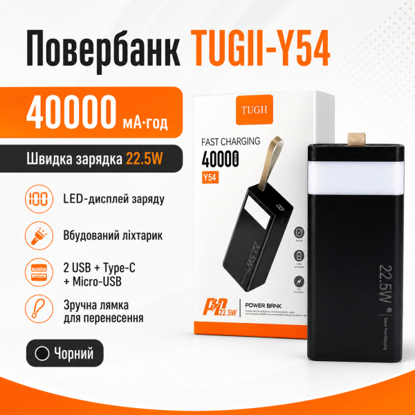 Повербанк 40000мАг з швидкою зарядкою 22.5W, дисплеєм та фонариком TUGII-Y54