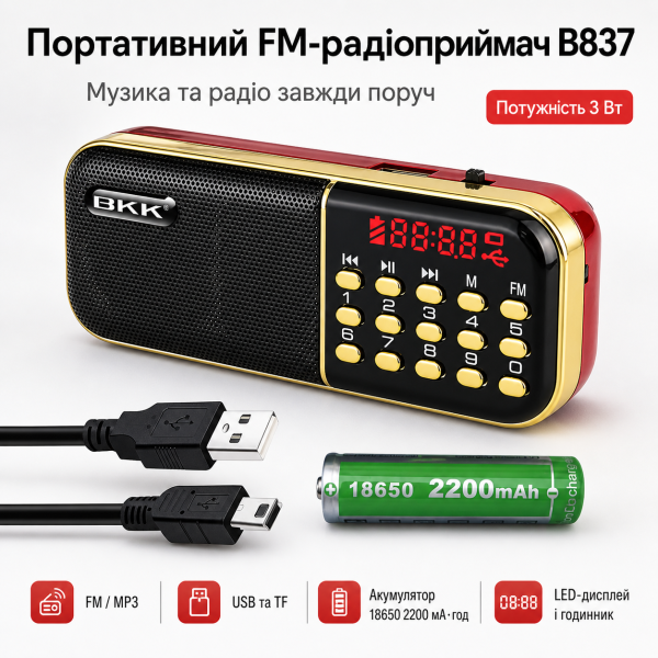 Портативний радіоприймач MP3/FM з USB, B837