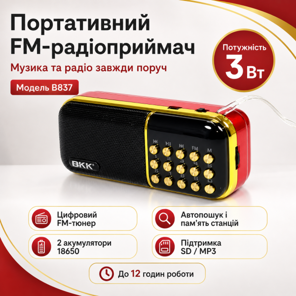 Портативный FM-радиоприемник колонка с цифровым тюнером BKK USB/MP3 B851