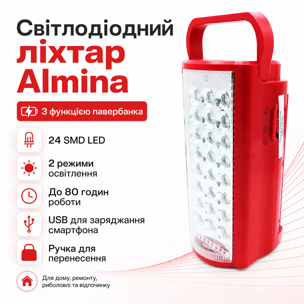7341956106_utsenka-fonar-perenosnoj УЦЕНКА! Фонарь переносной светодиодный Almina с повербанком и встроенный аккумулятор 30000 MAH Красный (Повреждение корпуса 3530 ) - Зображення 1