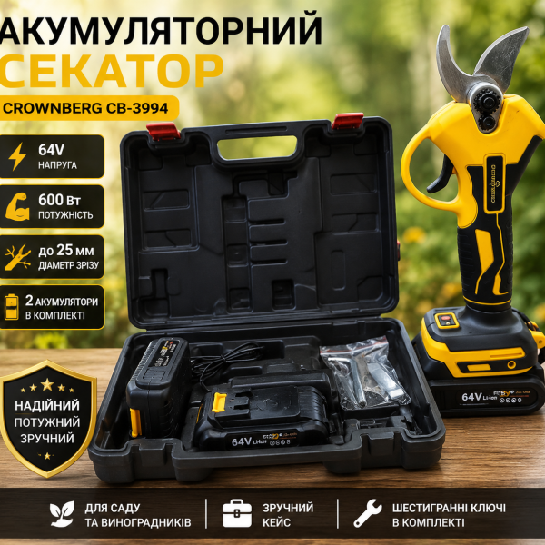 Аккумуляторный секатор садовые ножницы Crownberg CB 3994 для сада, триммер для веток в кейсе 600 Вт 64V