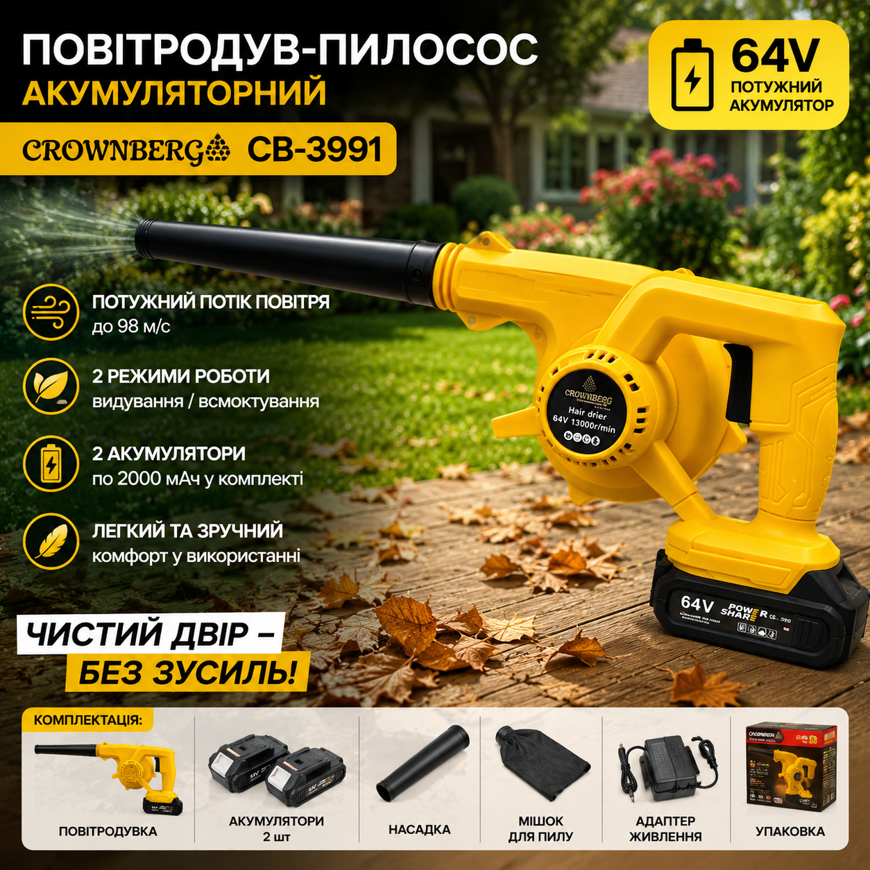 7368955430_vozduhoduv-pylesos-akkumulyatornyj-crownberg Воздуходув-пылесос аккумуляторный Crownberg CB-3991 желтый - Зображення 1