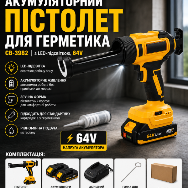 Аккумуляторний пістолет для герметика CB-3982 з LED-підсвіткою, 64V