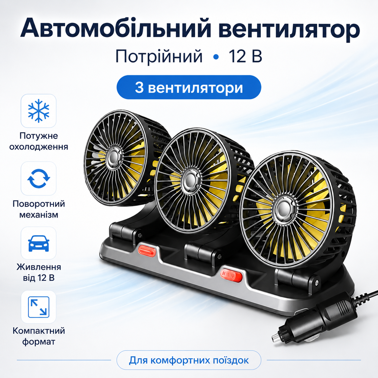 7392339563_avtomobilnyj-ventilyator-trojnoj Автомобильный вентилятор тройной 12В, Черный / Мини вентилятор в машину / Вентилятор в авто / Портативный вентилятор - Зображення 1