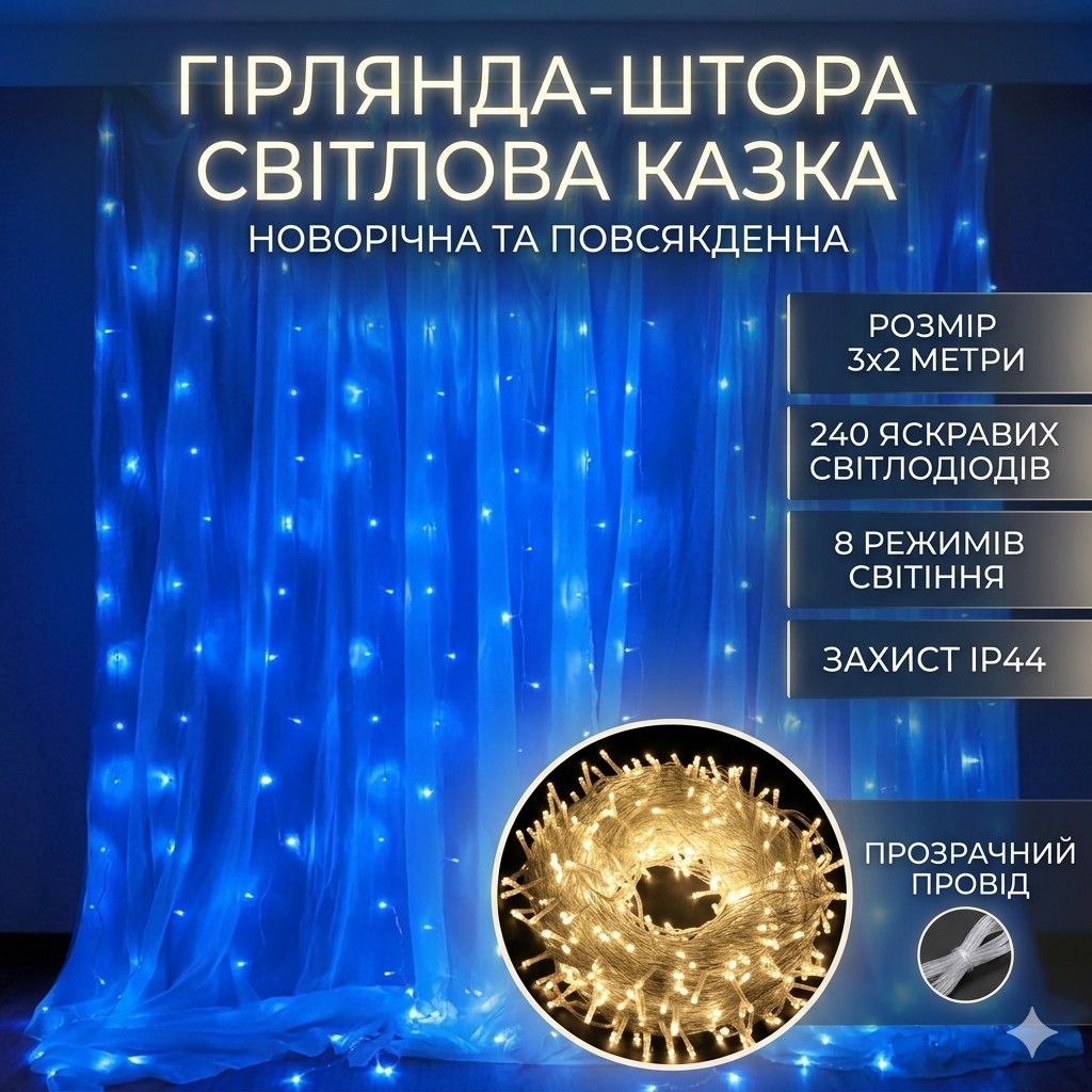 Гирлянда-штора 3х2 м для новорічного декору на прозорому проводі Гирлянда-штора 3х2 м для новорічного декору на прозорому проводі