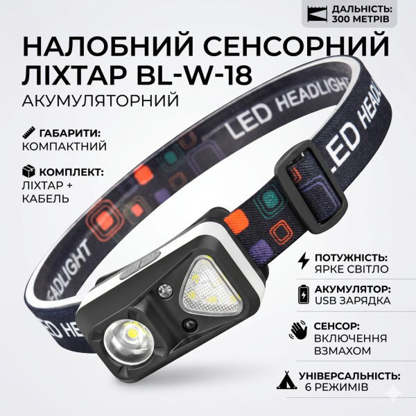 Налобный фонарь аккумуляторный, BL-W-18, Черный / Сенсорный фонарик налобный / Фонарик на голову