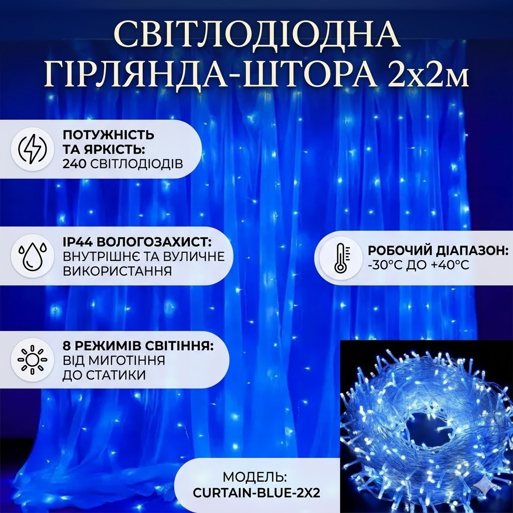 Новогодняя гирлянда Штора на 2х2 м украшения для декора дома Гирлянда на прозрачном проводе от сети Синий Новогодняя гирлянда Штора на 2х2 м украшения для декора дома Гирлянда на прозрачном проводе от сети Синий